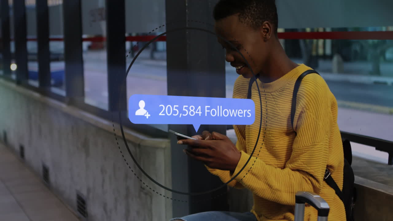 Animation of followers growing number over african american woman using smartphone on bus stop