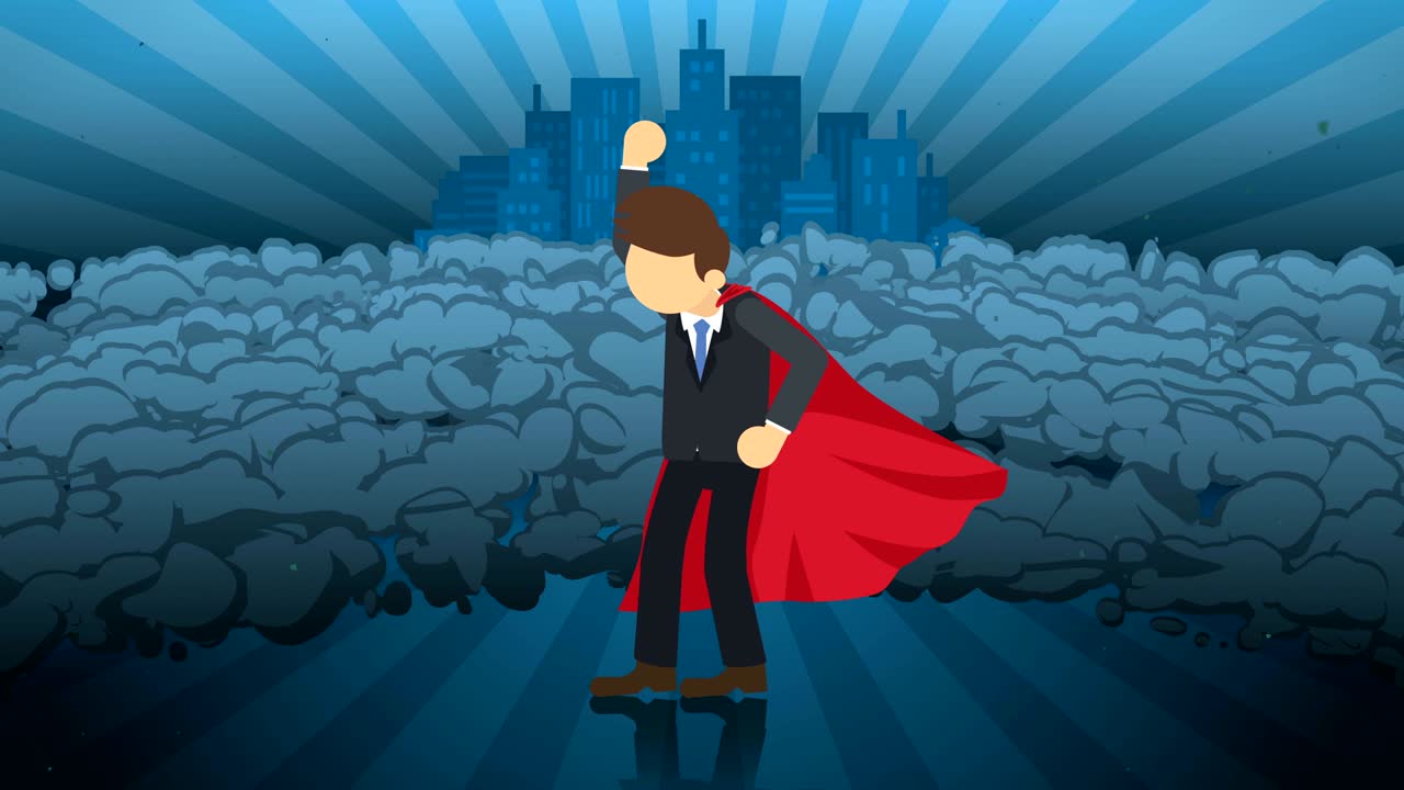 도시 배경에 서있는 슈퍼 히어로, 먼지 구름 근처, 비즈니스 상징, 리더십 및 성취 개념, 만화 루프 애니메이션.