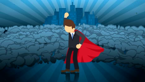 superhero standing on city background. near a cloud of dust. business symbol. leadership and achievement concept. comic loop animation.