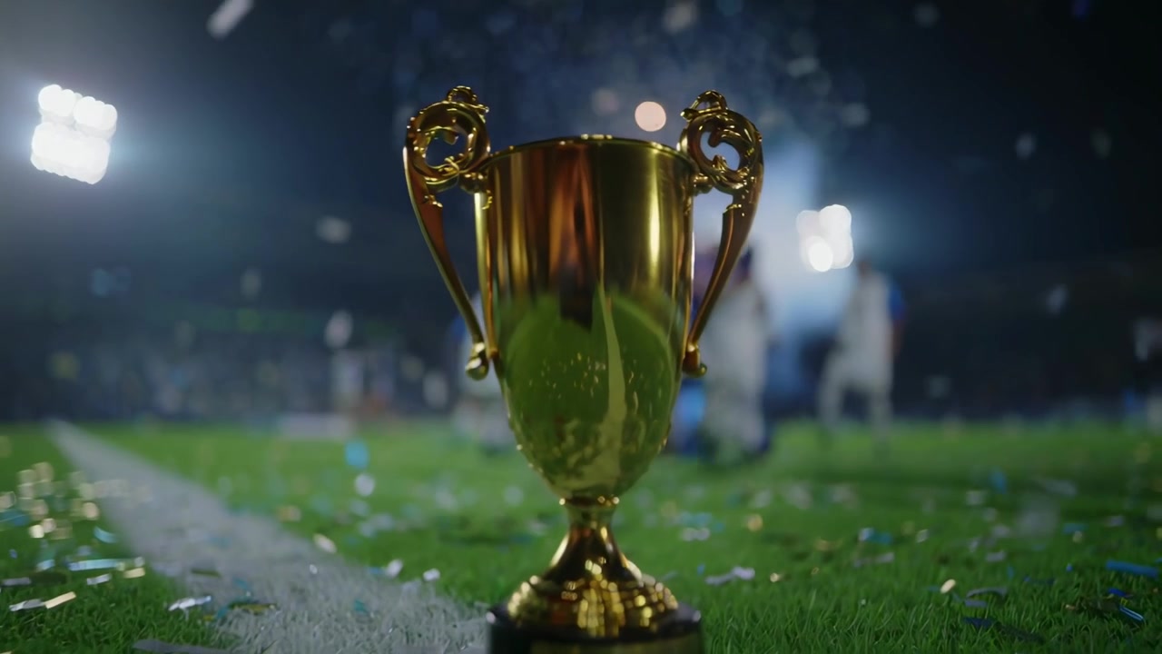 Trofeo d'oro su un campo sportivo con coriandoli e giocatori che festeggiano