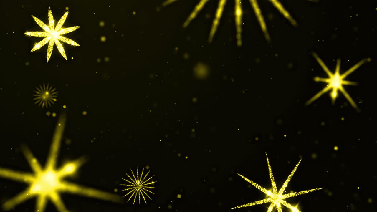 Festive background of glowing golden snowflakes and sparkling particles floating on dark screen. For Christmas, New Year, or awards