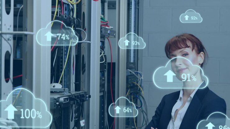 Animation of cloud icons with growing numbers over caucasian woman in server room