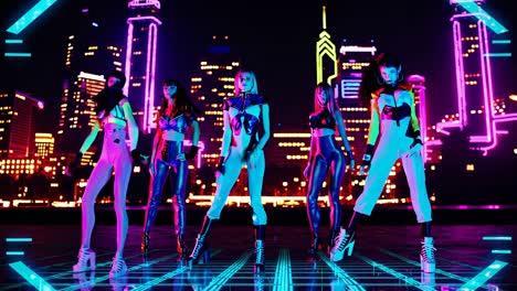 mujeres en el espectáculo de baile cyberpunk en la ciudad de neón