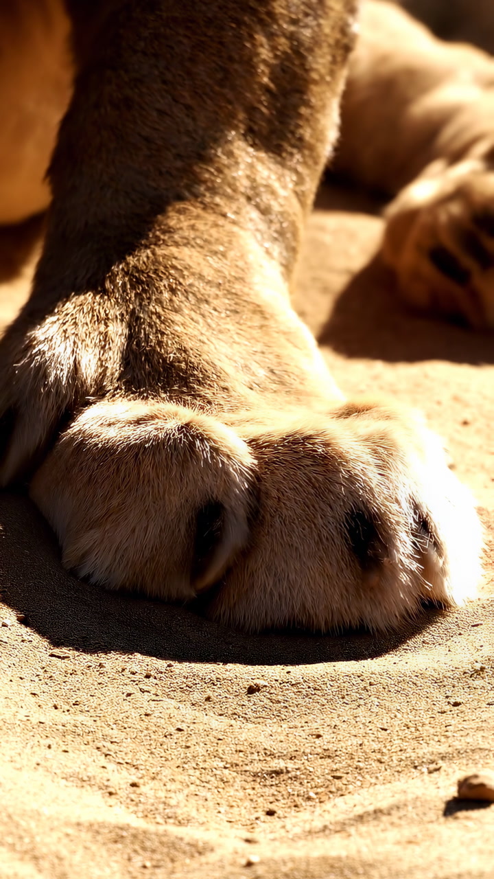 Lion Paw On Sunlit Sand Closeup, Tawny Fur Pressing Curved Claws Into Warm Grains, Strong Shadow Contrast,