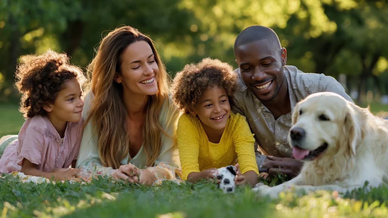 Happy Family Relaxing in the Park with Their Dog