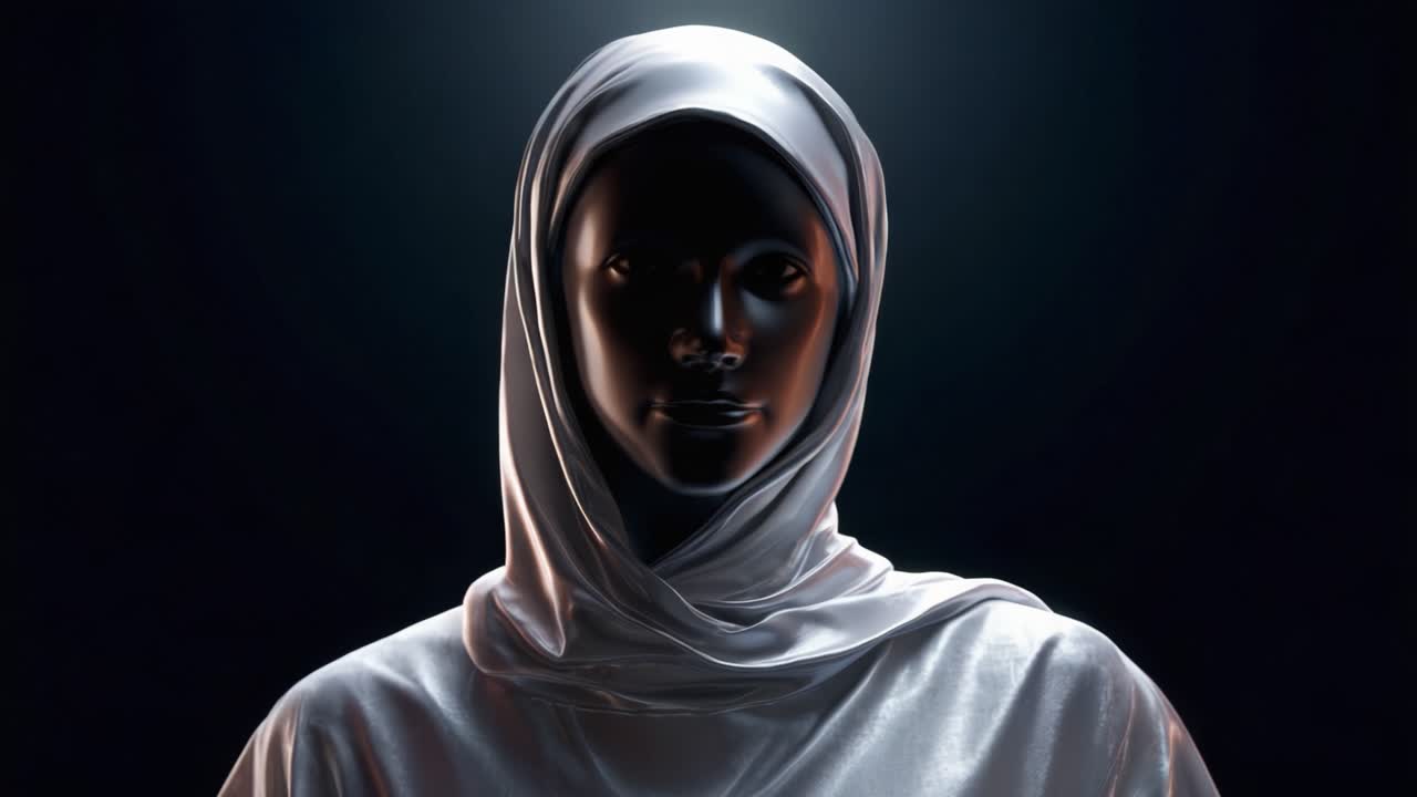 En fridfull figur, draperad i en skimrande vit sjal, står upplyst mot en mörk bakgrund och fångar ett ögonblick av tyst styrka och elegans.