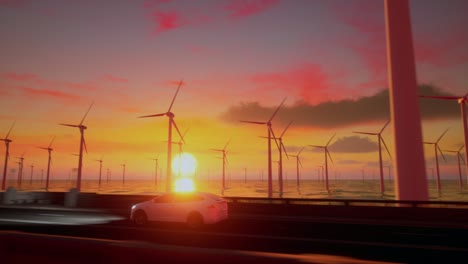 3d render of generic electric car drives on a highway with wind turbines in the background at sunset. realistic 3d animation