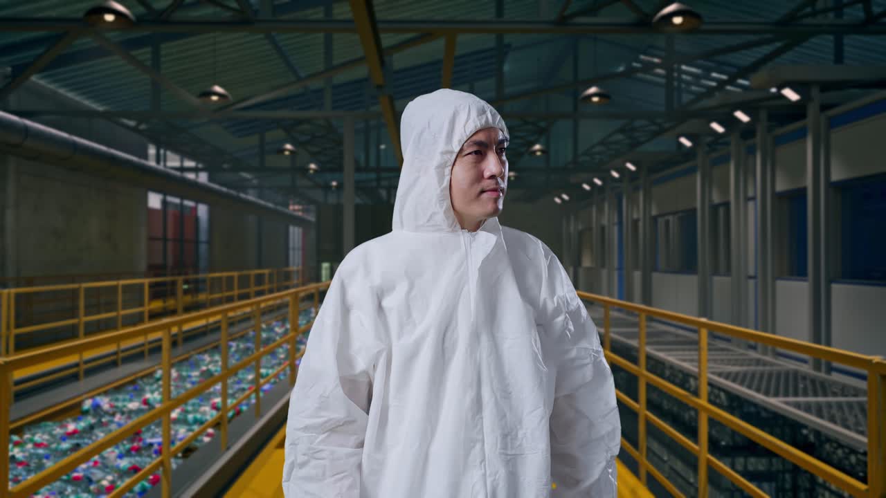 Asiatisk mannlig forsker ser seg rundt, inspiserer driften av et plastgjenvinningsanlegg med et transportbånd av flasker.