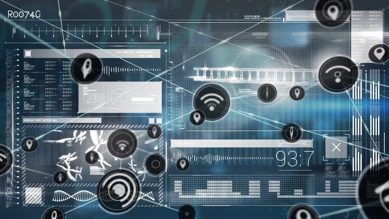 파란색 배경에 대한 데이터 처리 인터페이스를 통해 디지털 아이콘 네트워크의 애니메이션