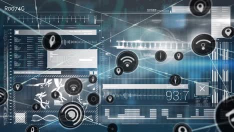 animation of network of digital icons over interface with data processing against blue background