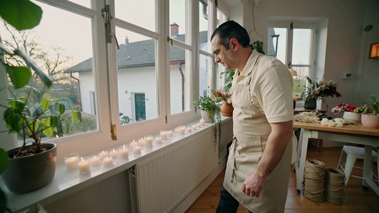 En blomsterhandler i beige forklæde læner sig og placerer stearinlys i vindueskarmen i en blomsterbutik til udstilling, med kopiplads.