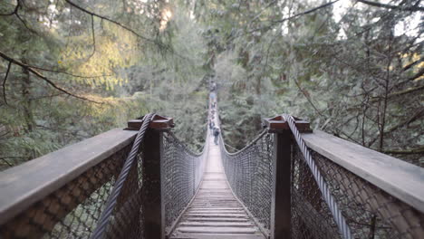 wide revealing shot of lynn valley suspension bridge and metal ropes, dusk