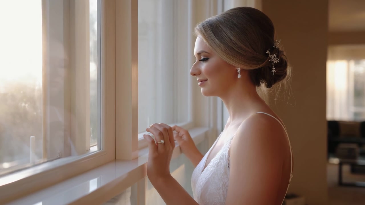 La calda luce del sole illumina una donna in un abito di pizzo bianco senza maniche mentre guarda attraverso una finestra, con le mani vicino al davanzale, con un'acconciatura raccolta e curata, un fermaglio decorativo, orecchini e una stanza leggermente sfocata.