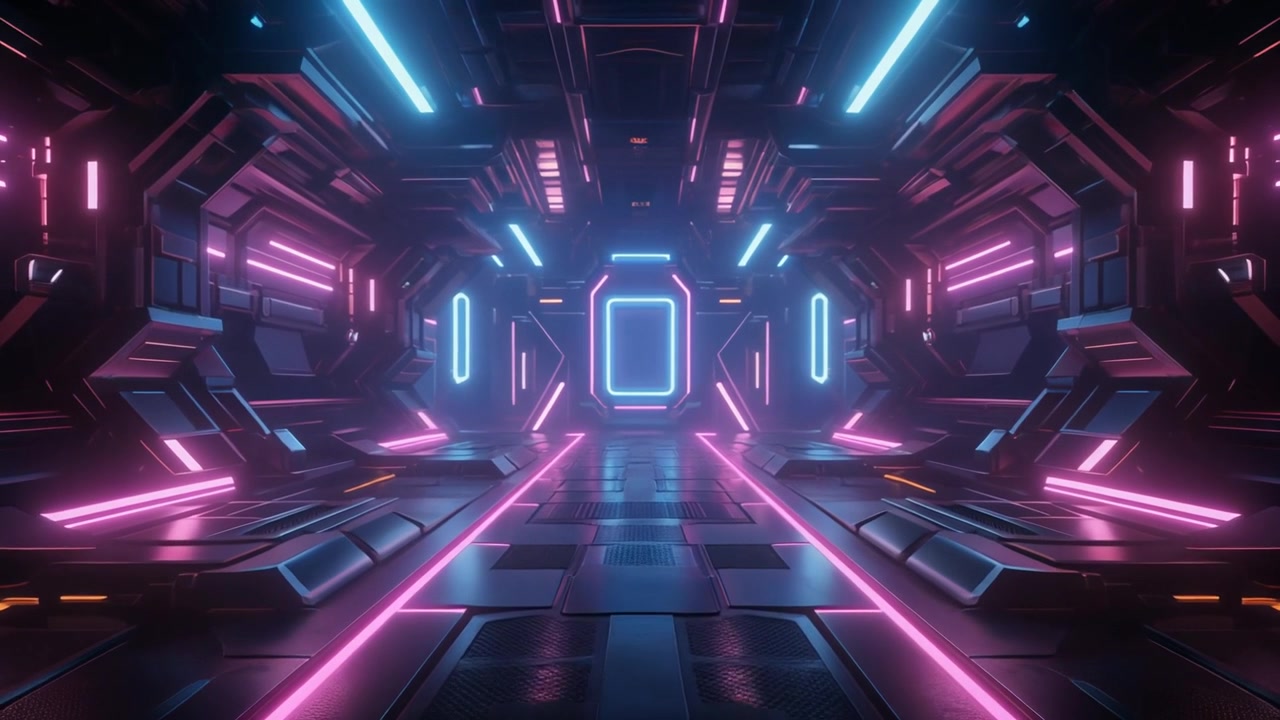 Corridoio fantascientifico futuristico con luci al neon incandescenti.