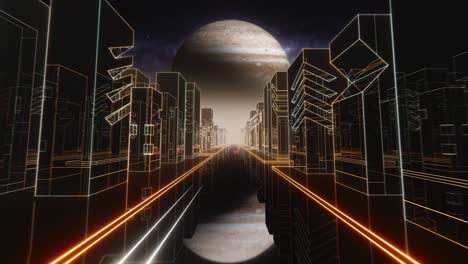 80s retrowave night city synthwave vj seamless loop with neon lights, jupiter and stars. retro 80s style grid sun stars old tv screen animation background. vj retro-futuristic city. driving toward jupiter with distant city skyline. 80s sci-fi.