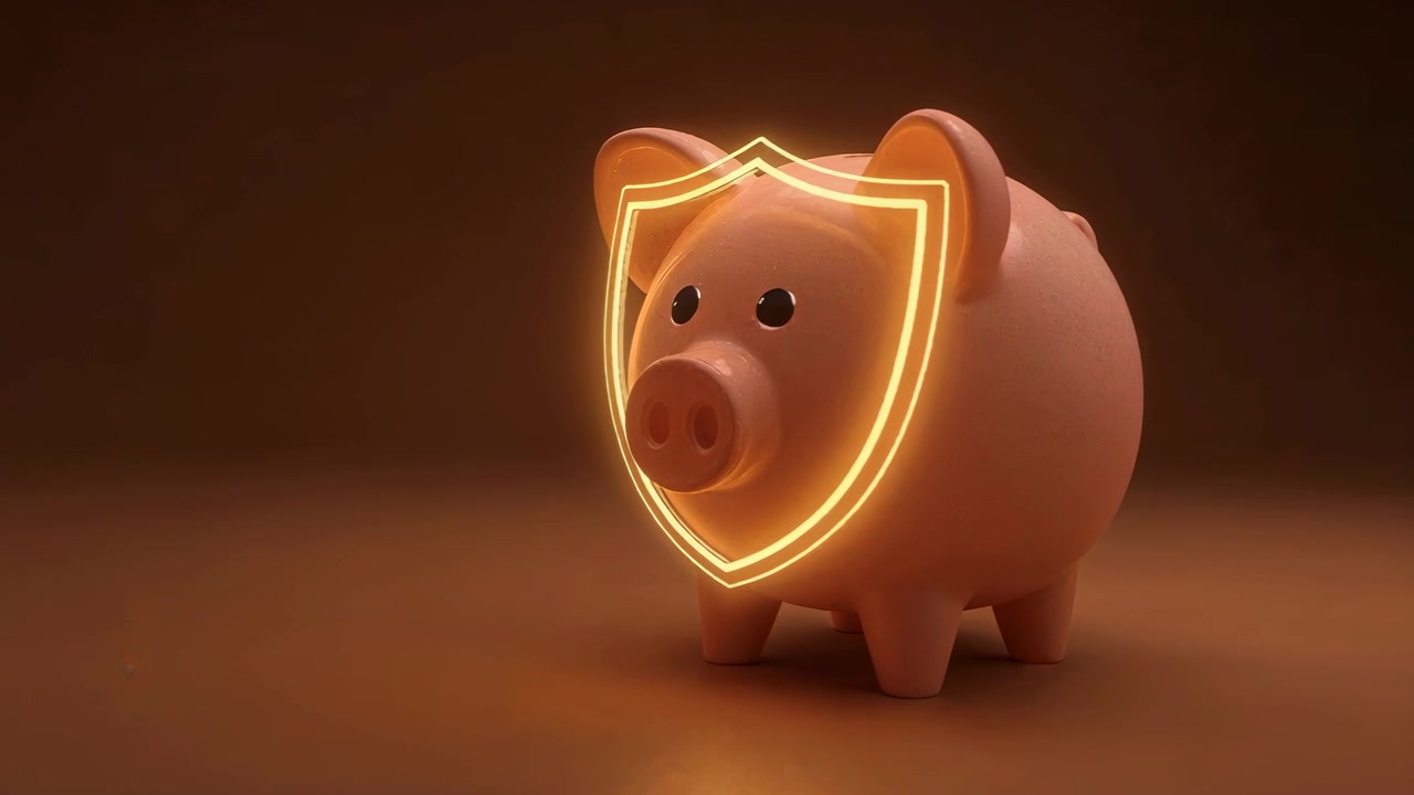 Appearing glowing shield aligning over pink piggy bank on warm tabletop, protecting savings
