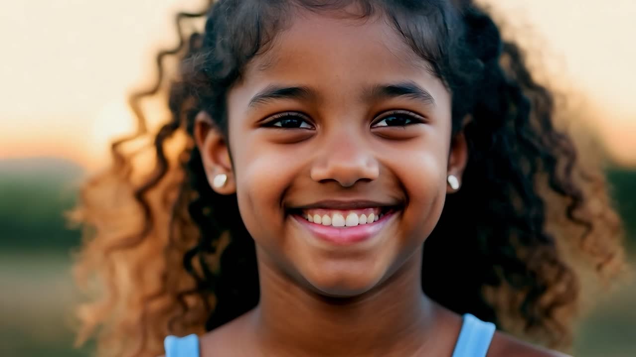 una joven con el cabello rizado sonríe a la cámara.