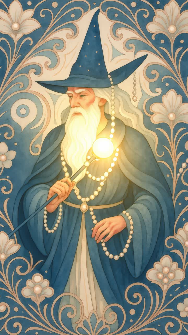 Ilustrace čaroděje v ozdobném rouchu, držícího hůl. Čelní úhel dodává hloubku.