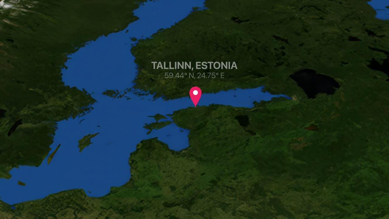 Digital earth render zooms from global perspective to a pin location in Tallinn, Estonia