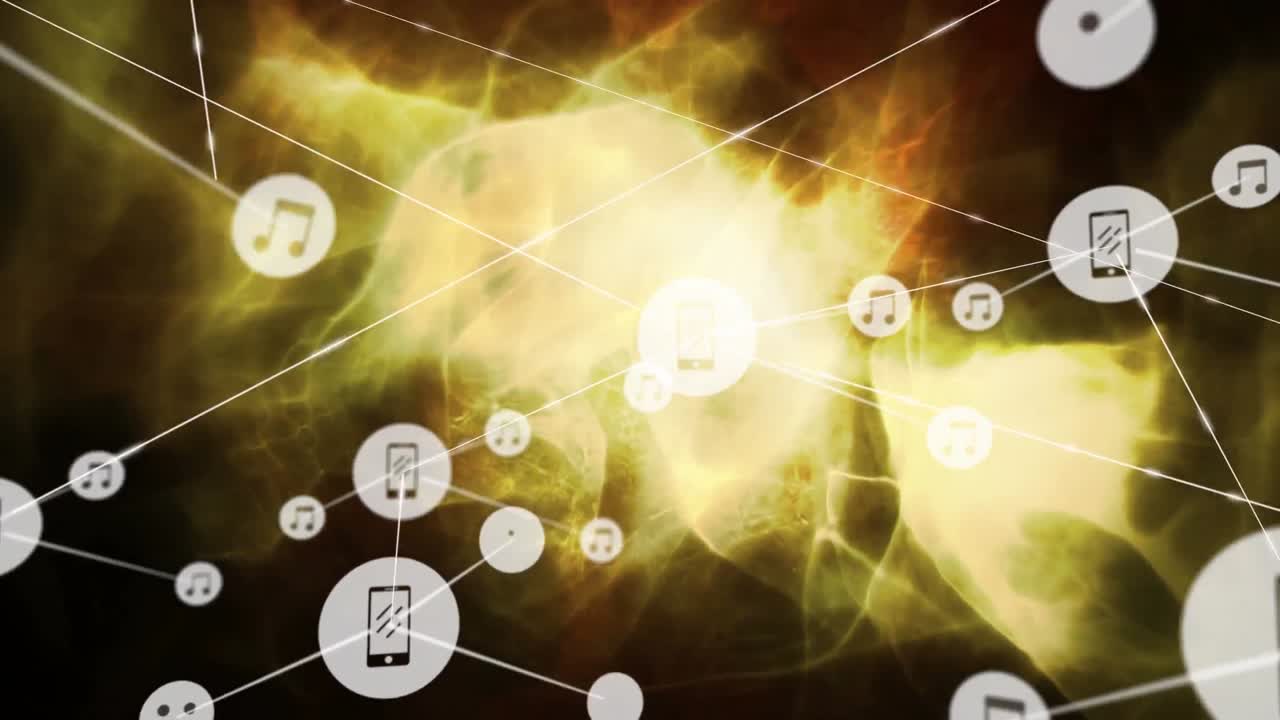 animación de iconos interconectados con líneas sobre un fondo abstracto iluminado