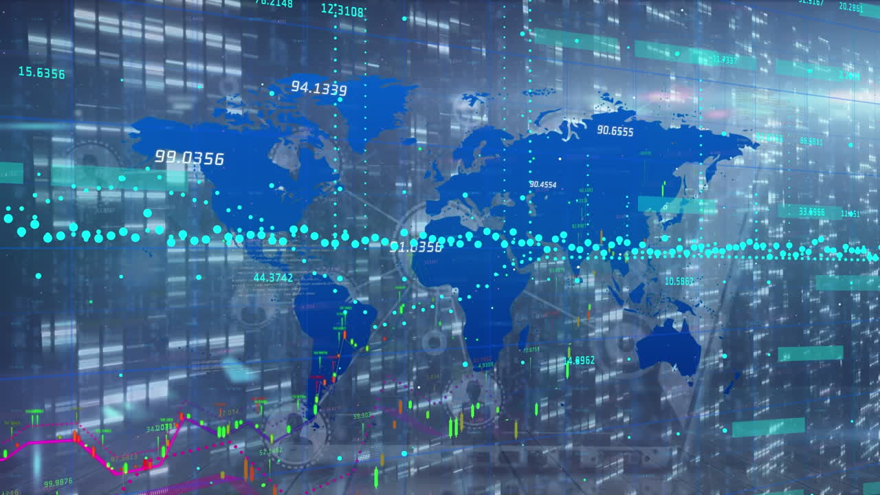 지도와 움직이는 숫자 및 그래프와 점을 연결하는 그래픽 인터페이스의 애니메이션