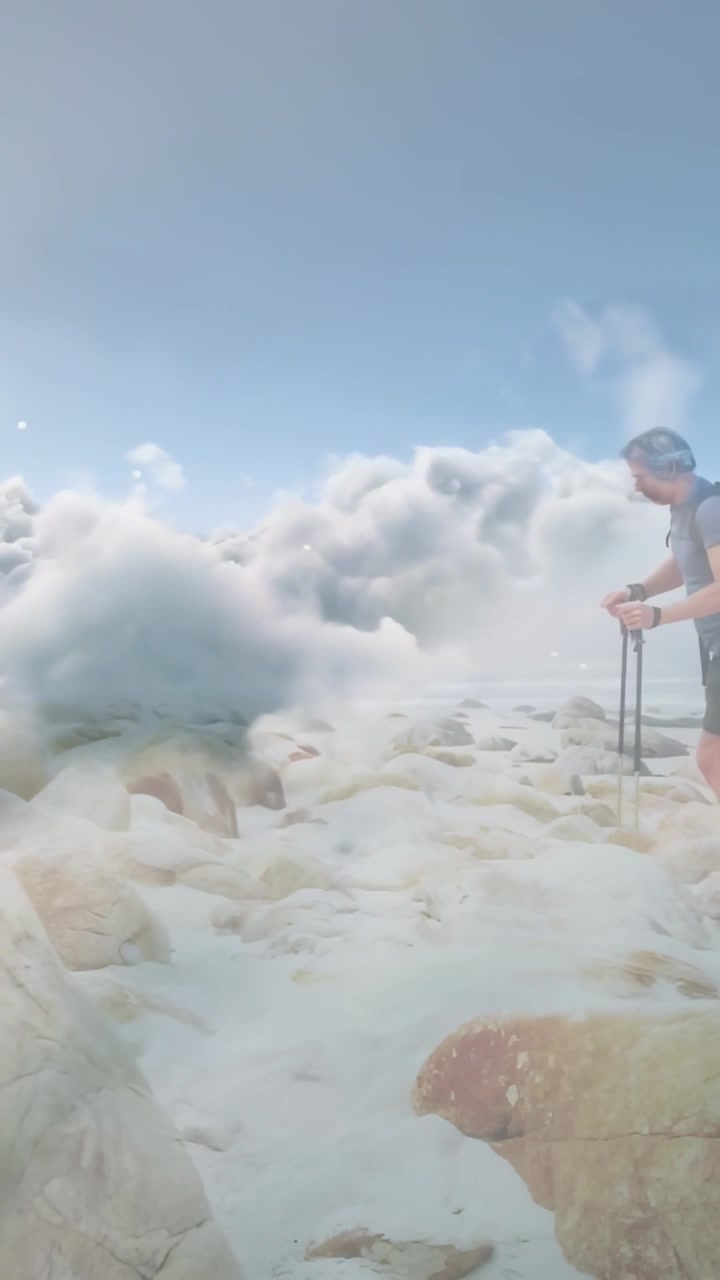 Video verticale: Uomo che cammina su un crinale con bastoncini mentre le nuvole avanzano avvolgendolo per il viaggio
