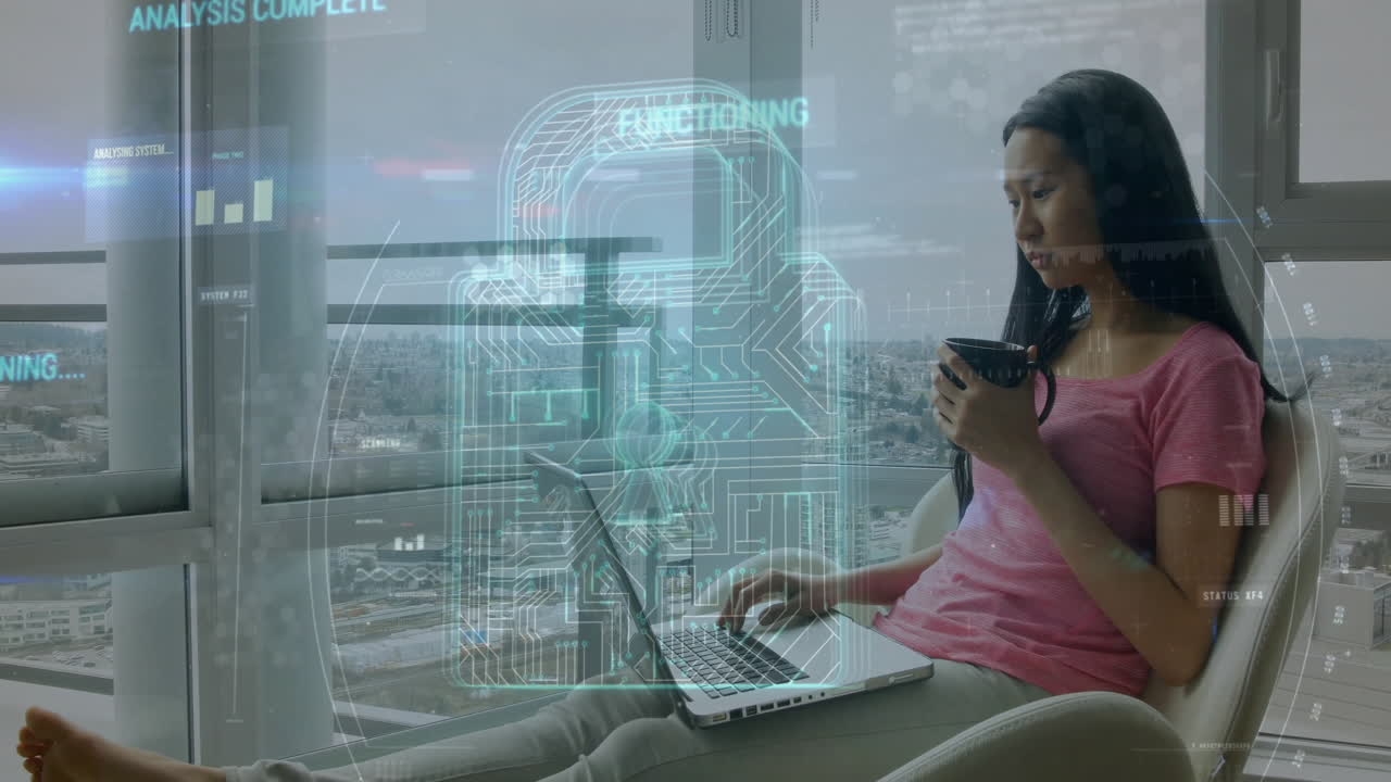 Animation of padlock and data processing over biracial woman using laptop