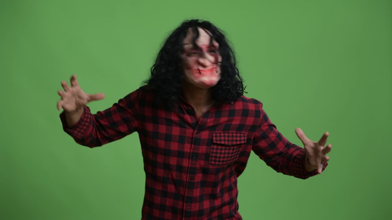 Scary man with horror mask gesturing hands