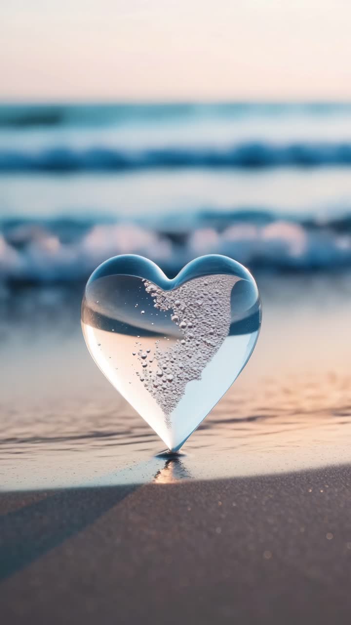 A heart-shaped glass object on a beach at sunset, captured at eye level