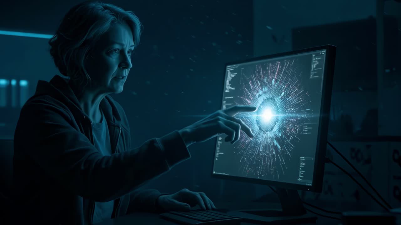 An expert analyst immerses himself in the challenging world of complex data visualization within a dimly lit technology lab