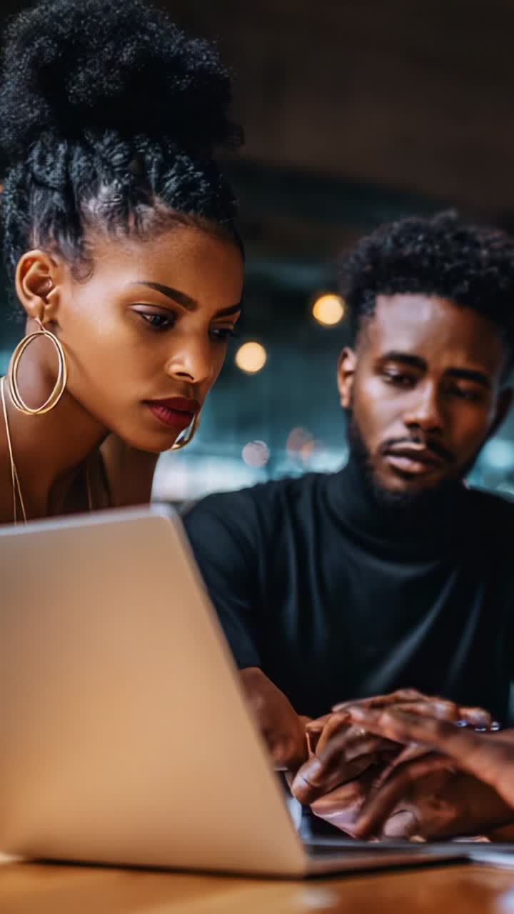 Focused Collaboration Between Two Individuals Engaged Over a Laptop in a Modern Workspace with Soft Lighting, Capturing Concentration and Teamwork