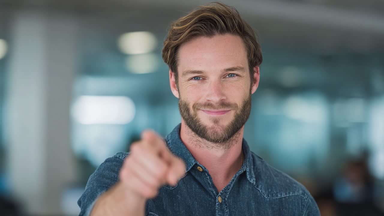 A Confident Young Man with a Beaming Smile and Outstretched Finger Pointing at the Viewer, Capturing a Moment of Engagement and Commanding Attention in a Modern Office Setting