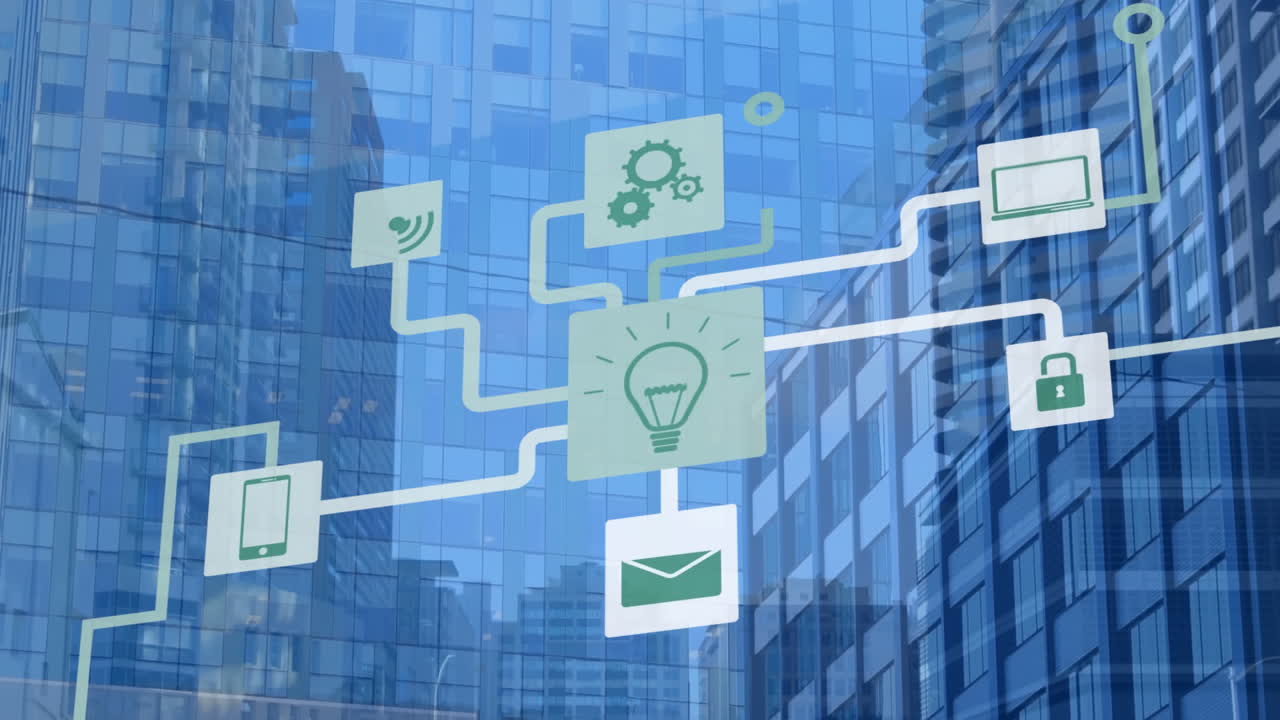 Animation of media icons over cityscape