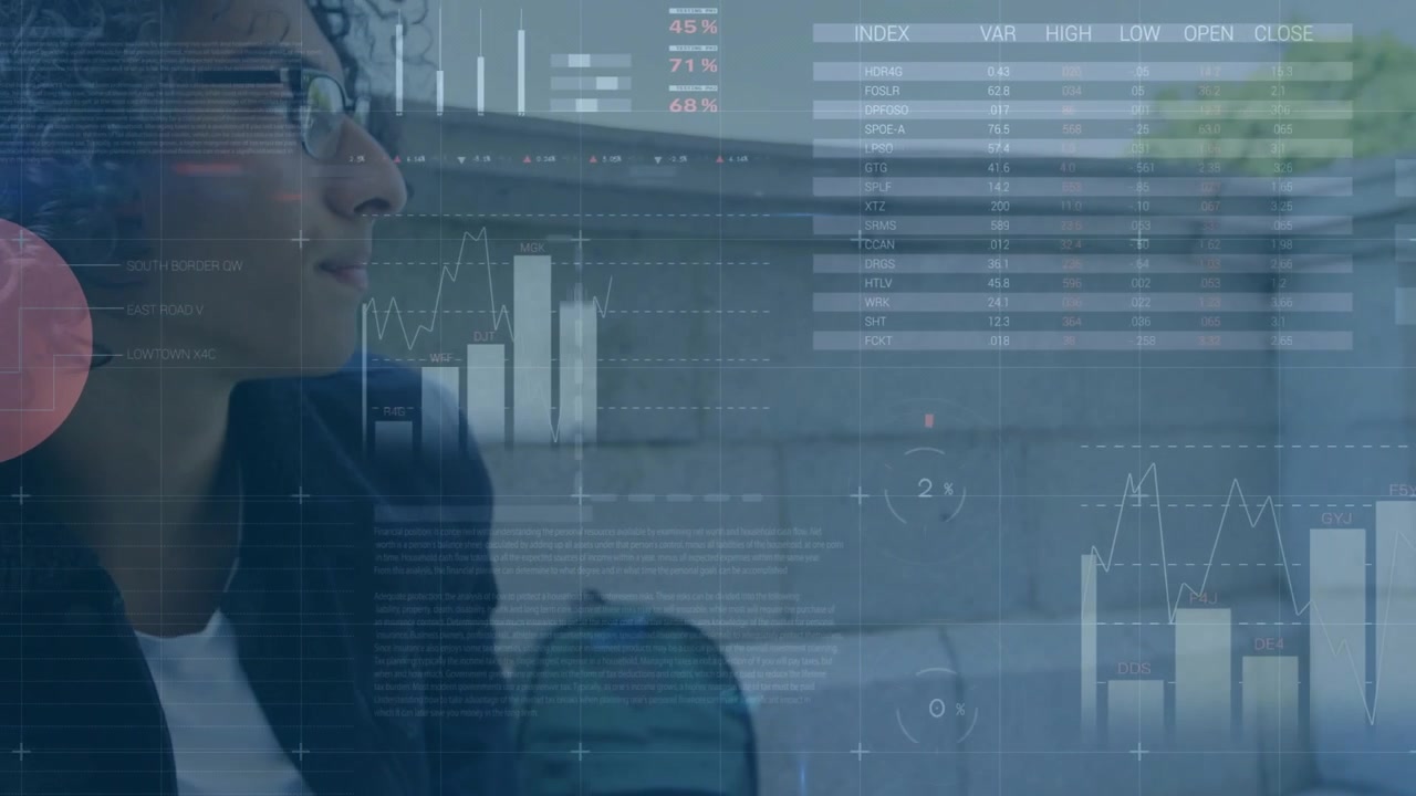 Seated man on stone bench tapping phone, animating pie charts and bar graphs while checking finance