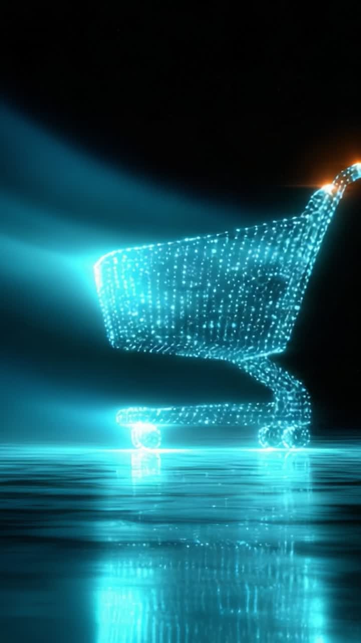 Glowing Digital Shopping Cart with Neon Lights Against a Dark Background, Symbolizing Online Shopping and Modern Retail Experience