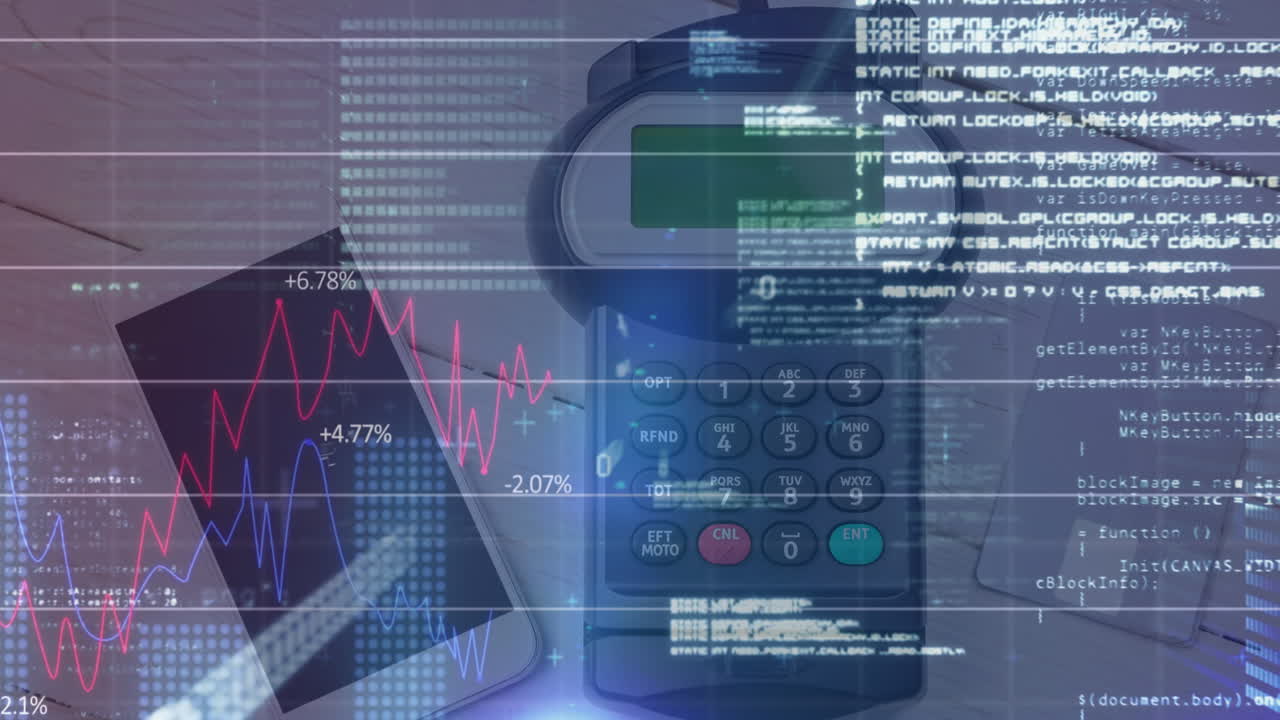 animación del procesamiento de datos financieros a través de terminales de pago y teléfonos inteligentes