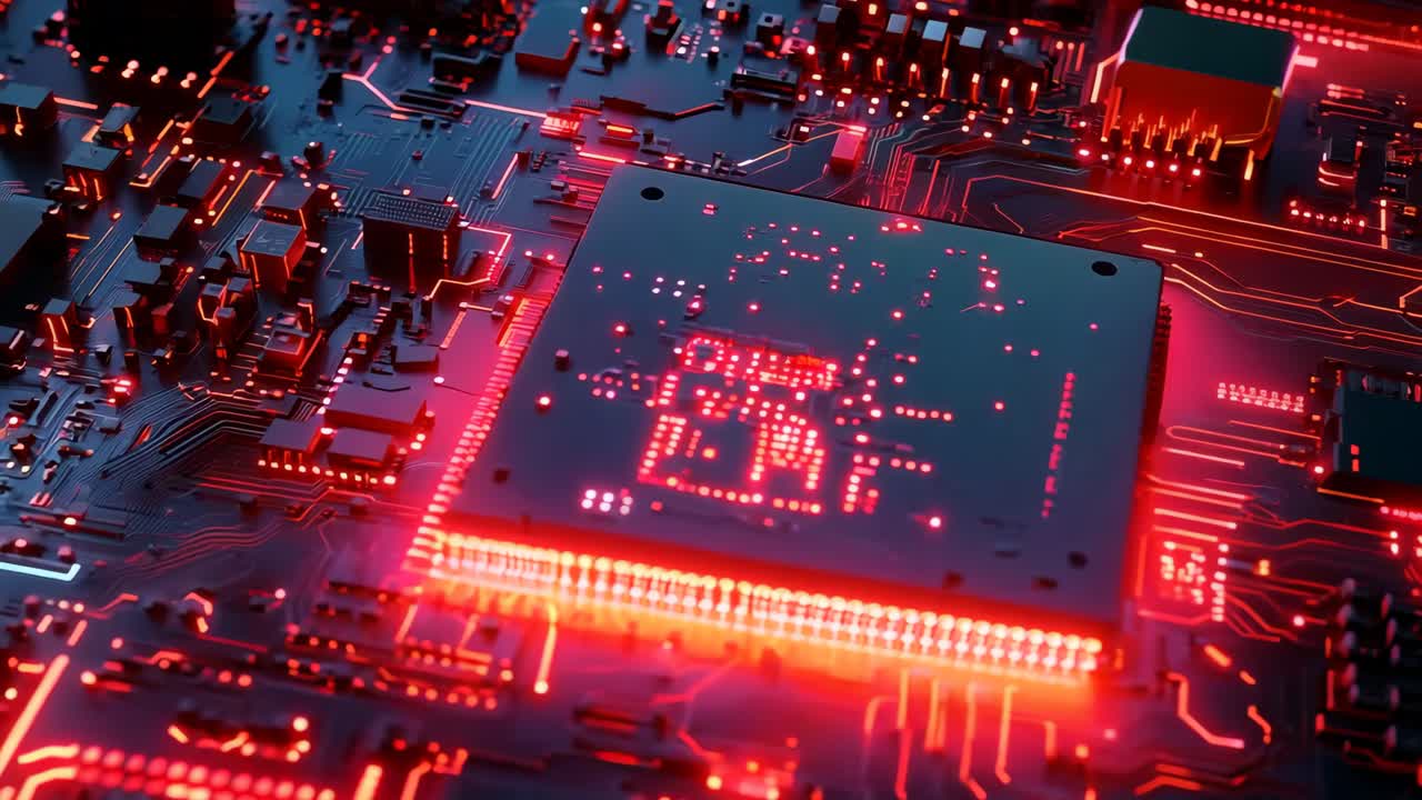 un primer plano de una placa base de computadora con luces rojas