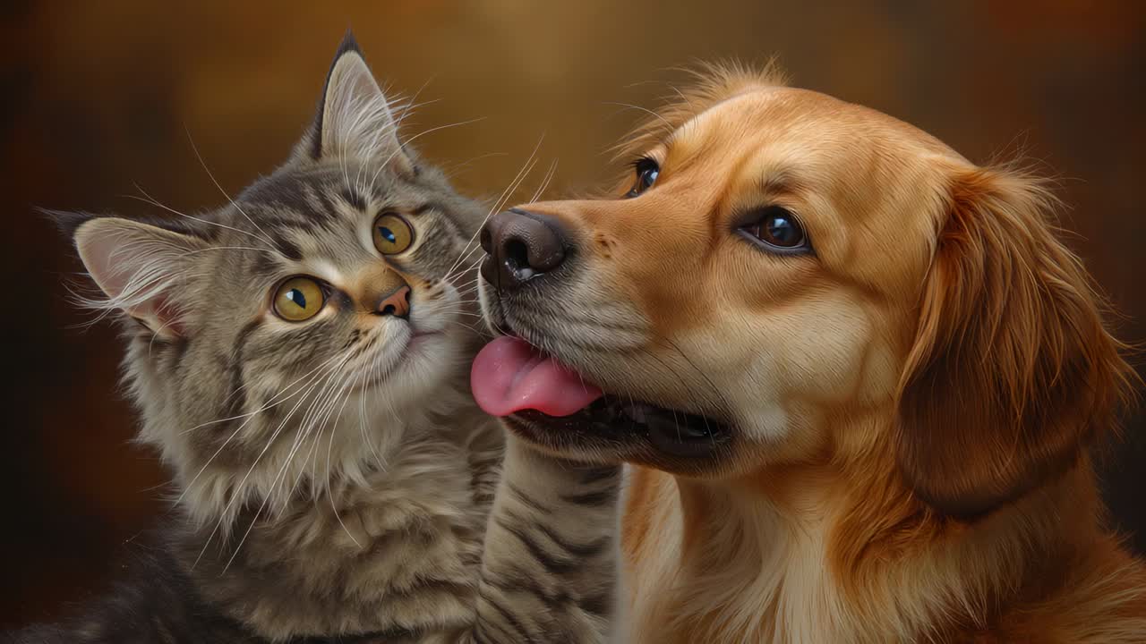 Gato malhado cinza levantando a pata dianteira tocando o focinho de um cachorro marrom-dourado em estúdio, mostrando uma saudação curiosa