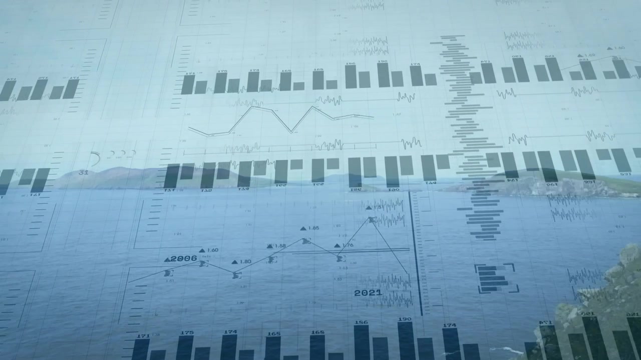 On load charts fading over seascape, bars rising into line graphs before dispersing to reveal bay