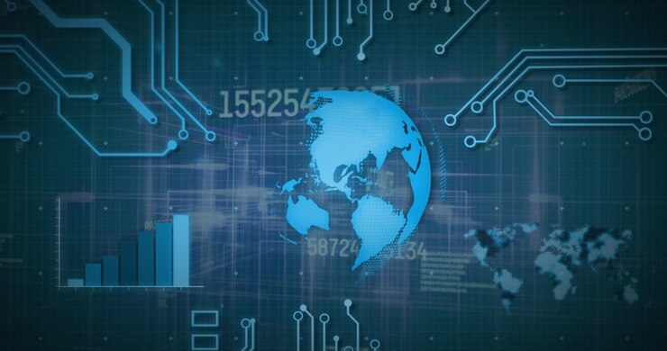 Animazione di elaborazione dati, scansione visiva e circuito stampato di computer