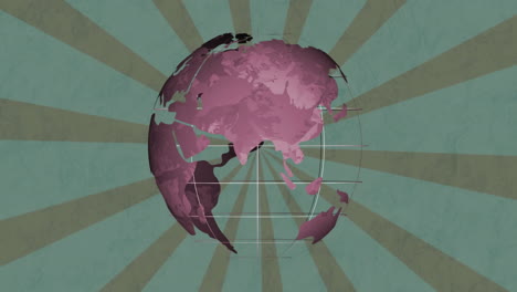 stylized globe featuring pink continents rotating with white grid lines and olive radial stripes