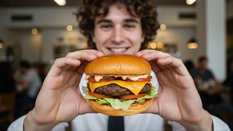 a happy young man proudly showcases his deliciously layered cheeseburger in a busy restaurant, eagerly anticipating a tasty bite with friends in the background