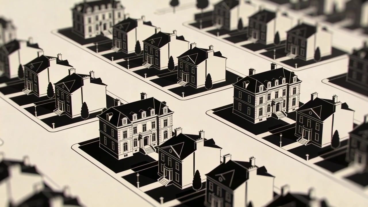 Moving camera panning over suburb grid, showing alternating houses and townhouse, revealing pattern
