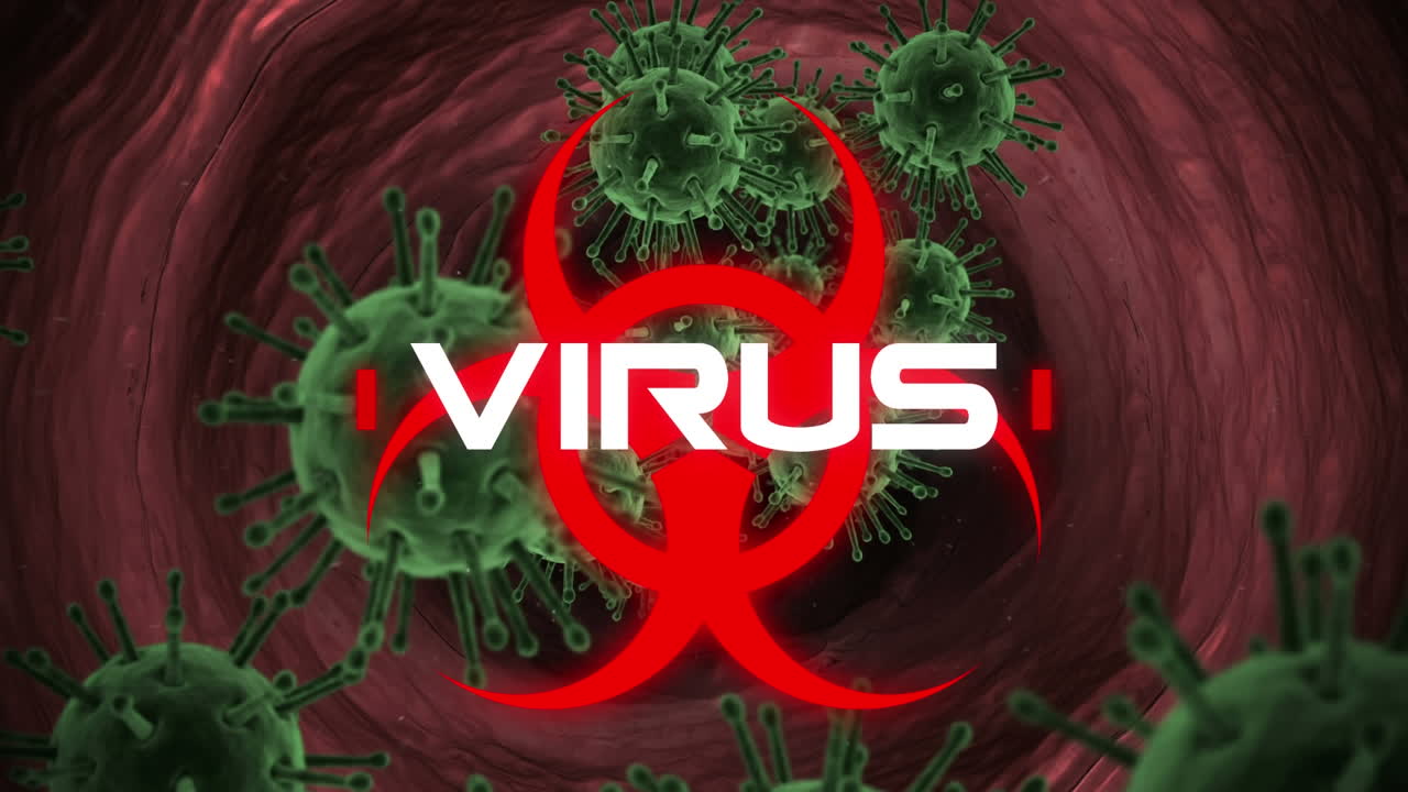 знак опасности с текстом вируса на фоне модели горла