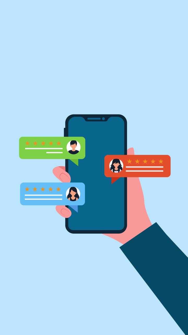 Animated Hand Holding Smartphone with Customer Reviews and Star Ratings