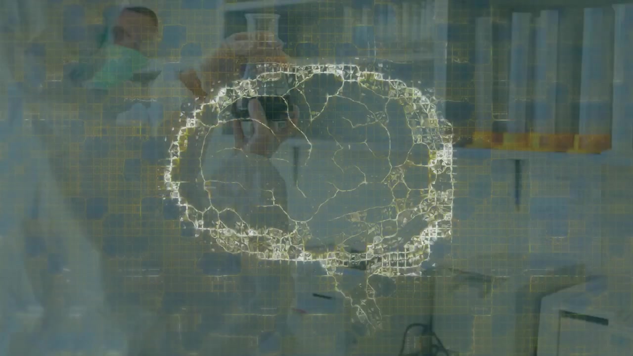 Lab tech taking vial from fridge AR brain appearing growing aligning fading while peer analyzing