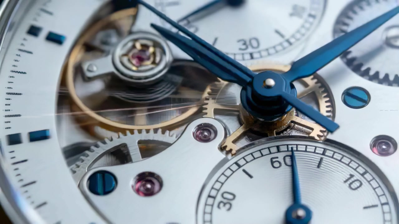 Showing watch dial moving from rest at bench balance wheel oscillating gears turning blued hands