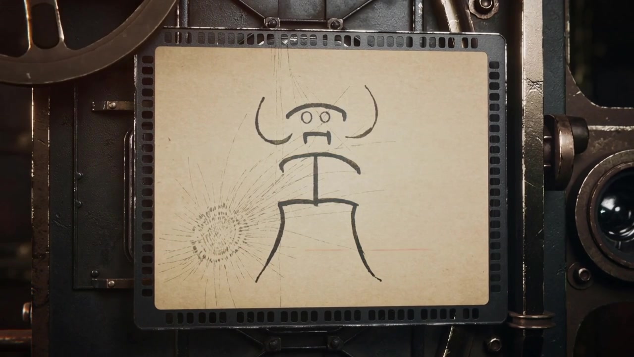 Allineamento di una scheda di pellicola in un proiettore a pignoni che scansiona una linea rossa su un disegno umanoide per la configurazione.
