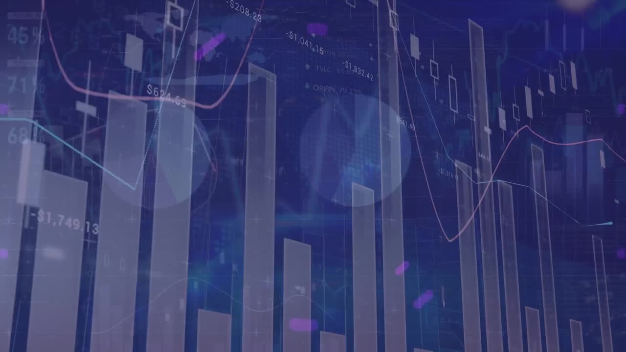 Animation of statistics with financial data processing over blue background