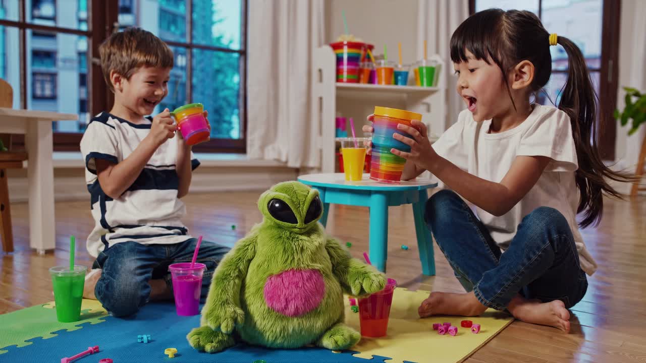 어린이 들 이 음료 와 장난감 으로 놀이 를 즐기고 있다